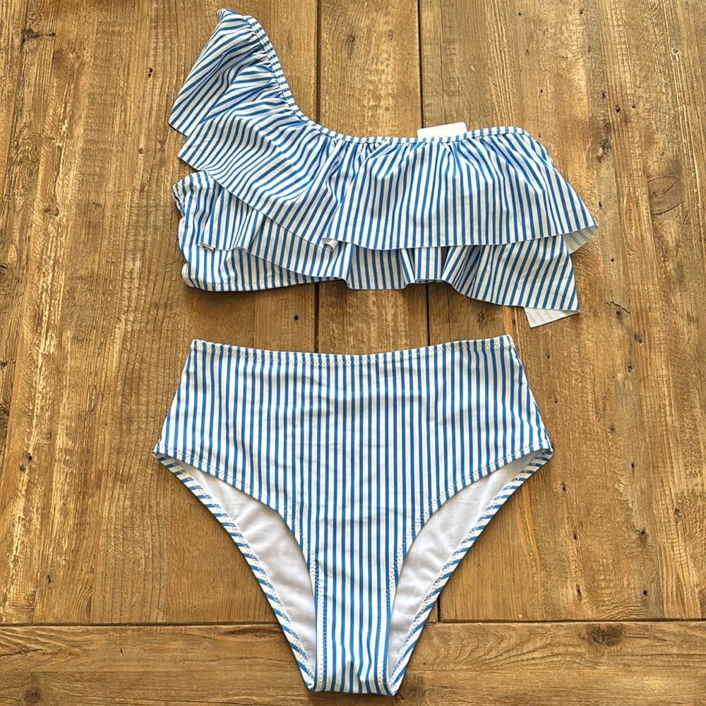 NWT Amazon Blue and White Striped Ruffle Top Bikini Set